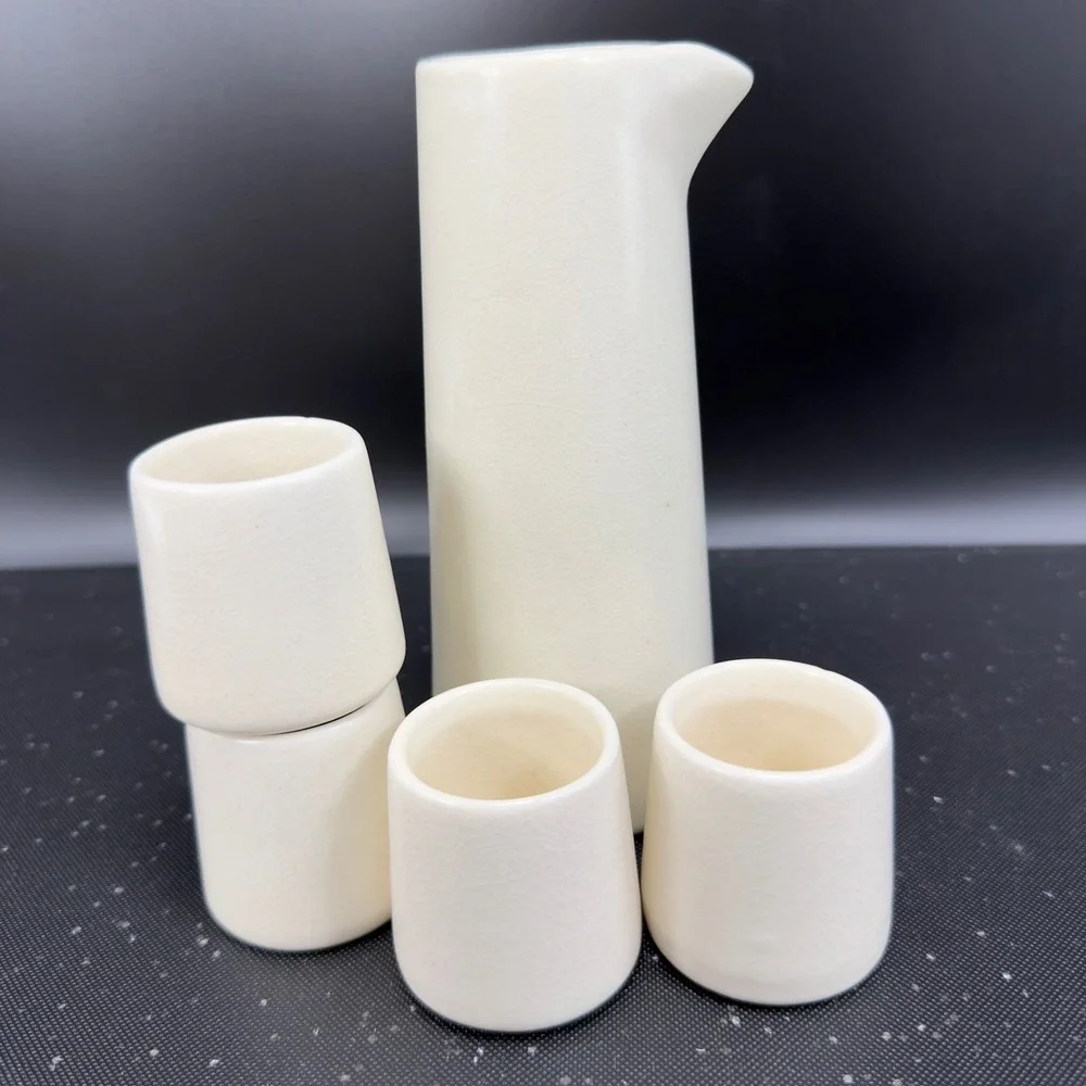 HomArt Ceramic Sake Set Cream White Crackle Glaze Carafe‎ 4 Cups Made in Vietnam